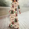 Amazon Transfronteiriça Roupas Femininas Outono Inverno Estampa Comércio Exterior Vestido de Gola Redonda Manga Longa Estilo Natalino