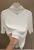 Camiseta negra de cuello alto medio, manga media para mujer, nueva colección otoño/invierno 2026, elegante y ajustada, top de capa base de manga de tres cuartos