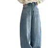 Jeans de diseño Dongdaemun coreano con hebilla en la cintura trasera, color azul lavado, dobladillo curvo para mujer, pantalones anchos de otoño, pantalones tipo dad