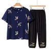 Conjunto de ropa de verano para mujeres de mediana edad y mayores, camisa de manga corta para personas mayores, camisa de madre, años 60, 70, top de abuela, nuevo estilo para señoras mayores