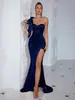 2025 Nuevo Comercio Exterior Transfronterizo Amazon Moda Hombros Descubiertos Abertura Falda Larga Vestido de Noche Sexy Vestido de Color Sólido