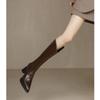 Botas marrons para mulheres, salto alto de outono e inverno, botas ocidentais de bico fino, salto grosso em V, sola grossa, botas pequenas de cavaleiro