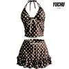 Bikini de lunares color café estilo vintage de 2026 con cuello halter, favorecedor y juvenil, que cubre el abdomen, traje de baño de dos piezas para vacaciones en la playa