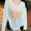 Nueva protección solar ~ Camiseta de manga larga fina de forro polar con estampado de letras vintage desgastado y cuello redondo para mujer, corte holgado, adecuada para usar en capas como camiseta base en verano