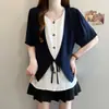 2026 Verano Nuevo Talla Grande Mujer Estilo Coreano Moda Holgado Adelgazante Simple Versátil Falso Dos Piezas Camiseta Top