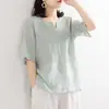 Camisa bordada de algodón y lino de 6 colores para mujer, suéter artístico holgado con puños cortos bordados, cuello en V abotonado, talla grande, nuevo estilo de verano