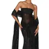 Vestido de Cola de Pez Transparente para Mujer Estilo Europeo y Americano con Mangas Largas de Malla, Falda Bodycon sin Tirantes de Cintura Alta, Diseño Plisado Hombros Descubiertos