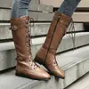 Otoño/Invierno 2026 Estilo Europeo y Americano Hebilla de Cinturón Retro Botas Largas para Mujer con Cordones Botas de Montar Punta Redonda Plana Talla Grande Botas para Mujer Talla 48
