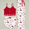 2025 Amazon Ozon Aliexpress Temu Novo Produto Conjunto de Pijama Suspensório Estampa em Forma de Coração Contraste de Cor Roupa de Casa