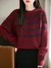 Suéter de Punto de Lana de Alpaca Nuevo para Primavera y Otoño 2026 Cuello Redondo Manga Larga Jacquard Bloque de Color Holgado Jersey Camiseta Base