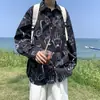 Camisa de lapela manga longa com estampa de desenho animado completa masculina primavera e outono 2024 nova simples casual oversized camisa externa