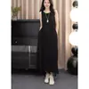 2025 Nuevo Vestido Negro Estilo Francés Plisado Diseño de Nicho Correa Fina Cintura Chaleco Falda Larga