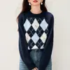 Estilo Delicado, Efeito Emagrecedor, Padrão de Losango Estilo Europeu, Suéter de Manga Longa com Flores Tridimensionais, Estilo Macio e Relaxado, Toque de Luxo, Suéter Quente Feminino para Outono e Inverno