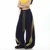 Calça Esportiva Pesada com Três Listras Americanas, Barra Curva, Marca Tendência Masculina, Primavera, Solta, Caimento Fluido, Perna Larga, Casual, Longa