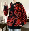 Suéter Vermelho Estilo Chinês de Ano Novo Gola Redonda Jacquard Confortável Pulôver Masculino Manga Longa Malha Grossa
