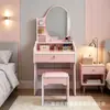 Tocador y juego de silla, tocador con espejo, cajones y estantes de almacenamiento, madera maciza blanca, con iluminación, para el dormitorio