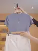 Camiseta de Manga Curta com Camélia Francesa Feminina Verão Nova Gola Meia-alta Elegante Versátil Slim Fit Top Suéter de Seda Gelada