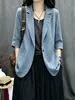 Nueva chaqueta corta casual de algodón y lino de manga tres cuartos 2026, blazer de lino de color liso