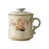 Taza de Té Gato Flor Ru Kiln Amarillo Real de Fábrica Taza Cerámica Taza para Beber de Oficina con Tapa Taza Separadora de Té y Agua