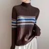 Suéter de Punto Canalé Rayado Bloque de Color Cuello Semi Alto Estilo Coreano para Mujer, Estilo Perezoso, Versátil, Engrosado, Suéter Base Cálido, Moderno