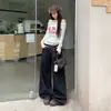 26 jeans de estilo retro americano, mezclilla cruda, bloques de color, tiro bajo, pierna recta, pierna ancha para mujer; soporta dropshipping de artículos individuales
