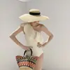 Nuevo Traje de Baño de Una Pieza de Color Sólido de Alta Gama con Volantes, Sexy Hombros Descubiertos Casual de Resort para Piscina Caliente para Mujeres