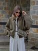 Chaqueta Bomber Europea y Americana de Manga de Murciélago con Cremallera Holgada Textura de Gamuza Tops Casuales para Mujer B6