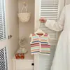 Ropa coreana para niños, conjunto vintage de dos piezas a rayas para bebé niña, cárdigan suave y acogedor + chaleco para ropa de abrigo de bebé