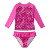 Conjunto de traje de baño de dos piezas para niñas, traje de baño de manga larga con diseño de escamas de pez, adecuado para niños mayores, traje de baño para protección solar en la playa con alta elasticidad Escamas de pez