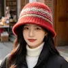 Sombrero de Pescador Jacquard Fair Isle Vintage para Mujer, Sombrero de Pescador Cálido de Felpa para Otoño e Invierno, Sombrero de Pescador Artístico de Ala Corta Estilo Japonés