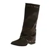 Botas retro de punta fina de talla grande para mujer, diseño de bota de pierna ajustada, tacón grueso, botas de mujer, holgadas, estilo remache, chica popular