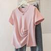 Camiseta Asimétrica de Manga Corta con Pliegues Talla Grande para Mujer Verano Nuevo Estilo Coreano Gordita mm Holgada Aspecto Adelgazante Top Exterior