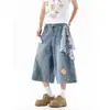 Lenço Quadrado Xadrez Urso Estrela Jeans Sete Pontos Unissex Verão Fino Design Solto Calças Retas de Perna Larga