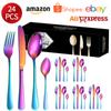 Juego de vajilla de acero inoxidable 1010 de Amazon para regalo transfronterizo, vajilla de regalo, juego de cuchillo, tenedor y cuchara para carne estilo occidental, 24 piezas