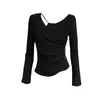 Camiseta de modal acanalada irregular de manga larga para mujer, adecuada para primavera, otoño e invierno, con un diseño irregular para usar en capas