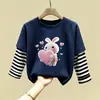 Camiseta de Algodão Puro Manga Longa Infantil Média/Grande Primavera e Outono Nova Blusa Solta para Meninas Estampada Desenho Animado de Menina Camada de Base Tendência