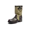 Botas de cano médio em estilo retrô americano, com retalhos de couro e lona, salto grosso e sola grossa, versáteis para o trajeto ao ar livre, efeito emagrecedor, botas de montaria femininas