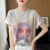 Camiseta de verano de manga corta con estampado de dibujos animados, súper vendida, corte holgado, adelgazante, cuello redondo, tejido de punto fino, estilo coreano, moderna y rejuvenecedora