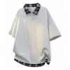 Camiseta de Verano Estilo Retro Americano Falsa de Dos Piezas Empalmada para Hombre de Manga Corta Holgada Casual Cuello Redondo Cuadros Tendencia