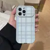 Patrón de Cuadros Rayados Azul Grisáceo con Bordes Redondeados y Ventana Grande, Cubierto de Cuero, Adecuado para Funda de Teléfono Anti-Caídas Apple 17, Funda Suave para iPhone 16, 12