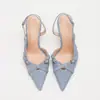 Tacones de Aguja de Punta Aguda en Mezclilla para Mujer, Nuevos Zapatos Elegantes de Estilo Francés para el Trabajo con Hebilla, Boca Baja y Correa Trasera, Zapatos de Tacón Alto de Moda