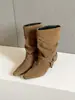 Primer Encuentro Ji Dong Qiu Estilo Nuevo Punta Cuadrada Hebilla Tacón Alto Botas de Media Caña Moda Femenina Temperamento Adelgazante Fruncidas Botines Botines