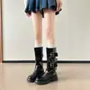 Botas de Couro Genuíno com Solado Grosso de Cano Médio para Mulheres, Botas de Equitação com Salto Bloco, Botas Martin com Fivela de Cinto, Botas Biker Emagrecedoras, Botas de Couro de Vaca