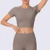 Camiseta de yoga feminina de manga curta em spandex, respirável, absorvente de suor, corte justo, comprimento curto, top fitness fresco e de secagem rápida