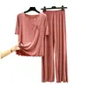 Conjunto de Pijama Fino de Modal para Mulheres, Camiseta de Manga Curta, Roupa de Casa, Conjunto Casual de Duas Peças Tamanho Grande, Estilo Preguiçoso