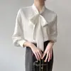 Camisa Blanca Satinada para Mujer de Manga Larga Versátil para el Trabajo, Negocios, Entrevistas, Top con Cinta de Lazo