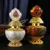 Ocho símbolos auspiciosos estilo Tíbet, jarrón de tesoro Mani de aleación tallado tridimensional, adecuado para guardar reliquias, altar budista casero, suministros budistas y adornos decorativos