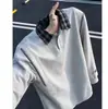 Camisa de p0l0 sudadera de manga larga con solapa de dos piezas falsas casual coreana para hombre, holgada, canalla, guapo, versátil, juvenil, top de pullover