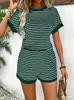 En Stock Primavera, Verano y Otoño Shein Amazon Aliexpress Tk Transfronterizo Europeo y Americano Conjunto de Camiseta a Rayas y Shorts de Punto