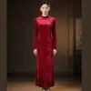 Vestido Cheongsam Mejorado de Terciopelo Color Sólido Estilo Retro Cuello Alto Manga Larga Falda Larga Elegante Ajuste Delgado Línea H para Mujer Otoño